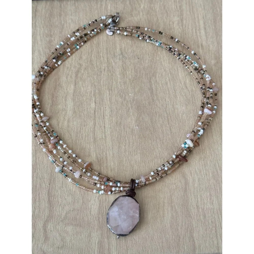 Tica Rose 925 Sterling Silver Rose Quartz Gemstone Beaded Multi-Strand Necklace - Picture 7 of 10